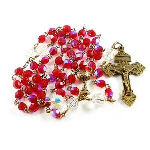 Heirloom Red Crystal Rosary Swarovski AB Pardon Crucifix Handmade 24"